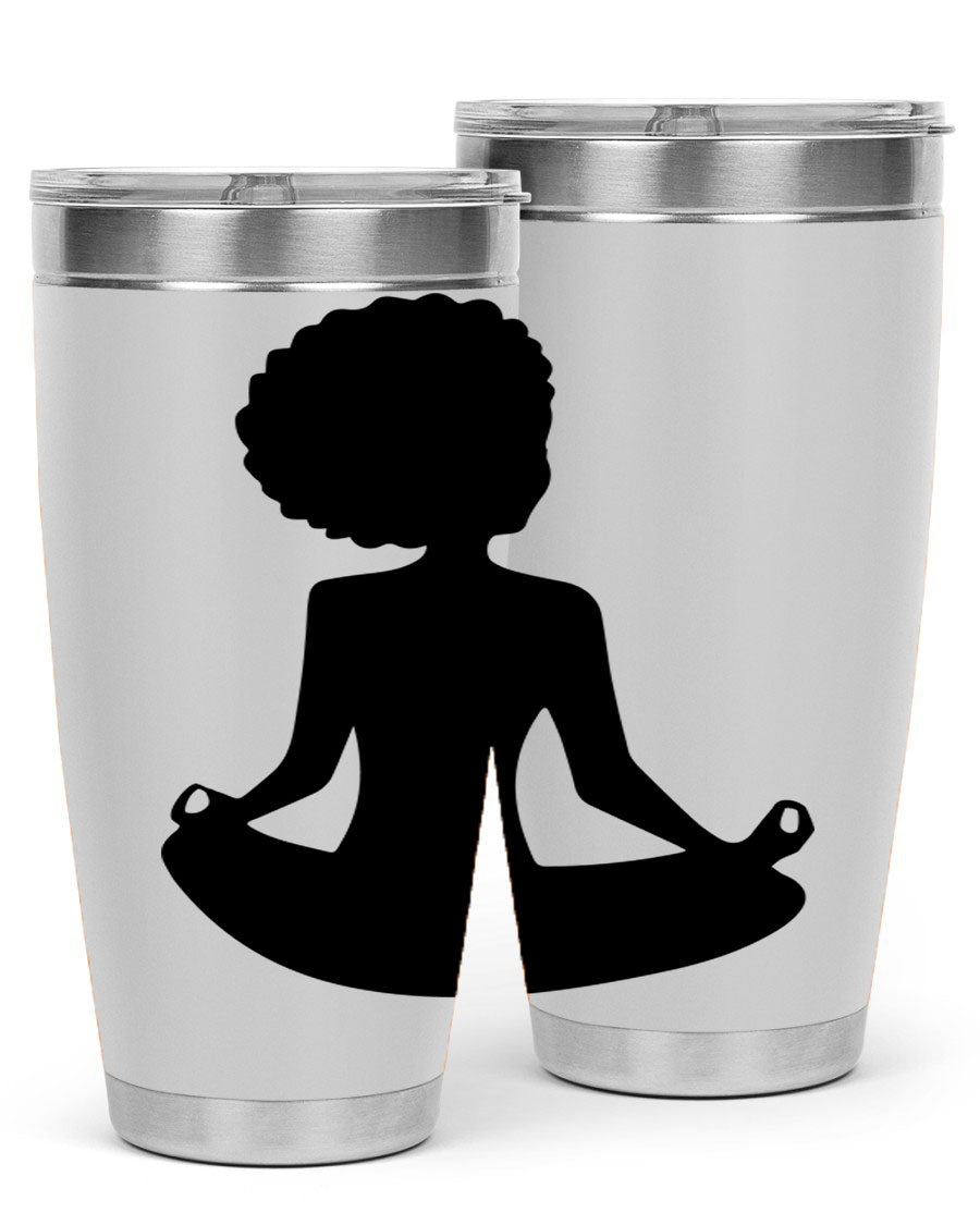 A stylish tumbler featuring a black woman sitting design, made of stainless steel with a drink-thru lid.