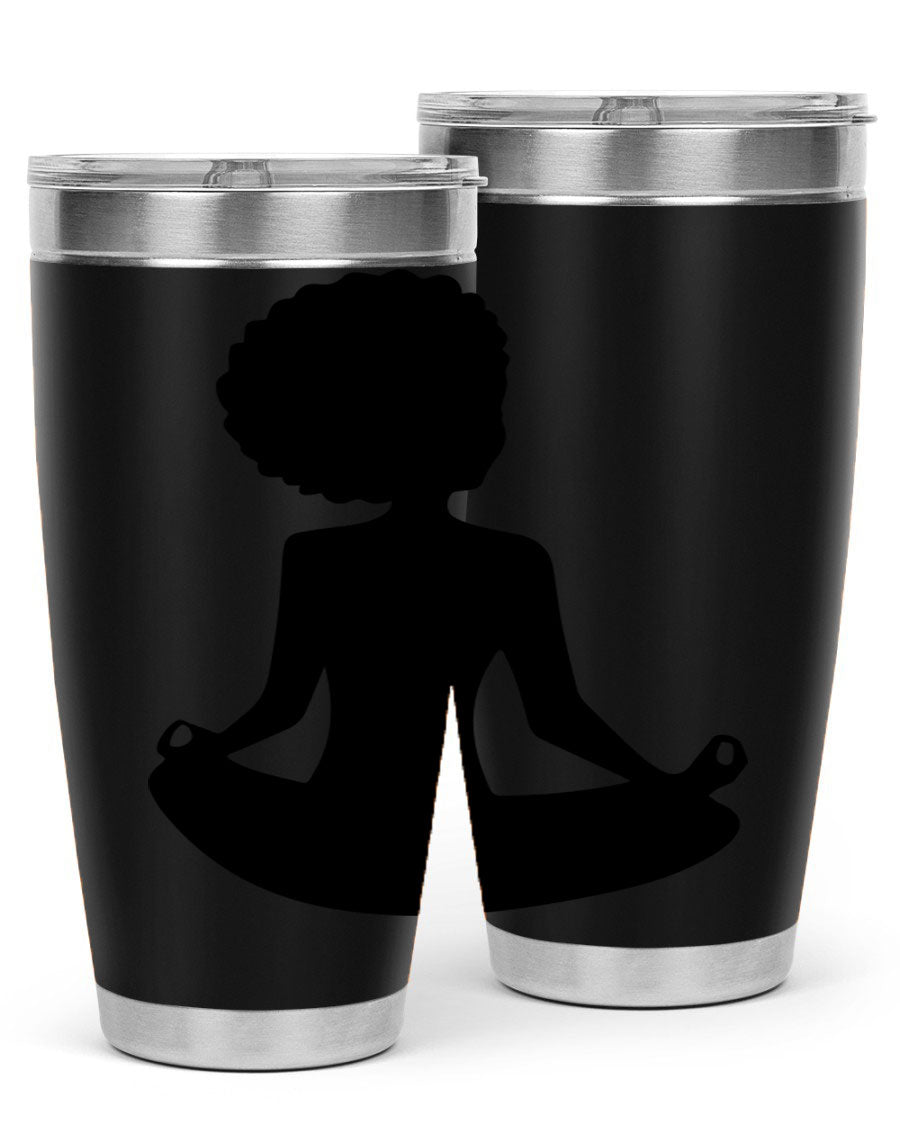 A stylish tumbler featuring a black woman sitting design, made of stainless steel with a drink-thru lid.