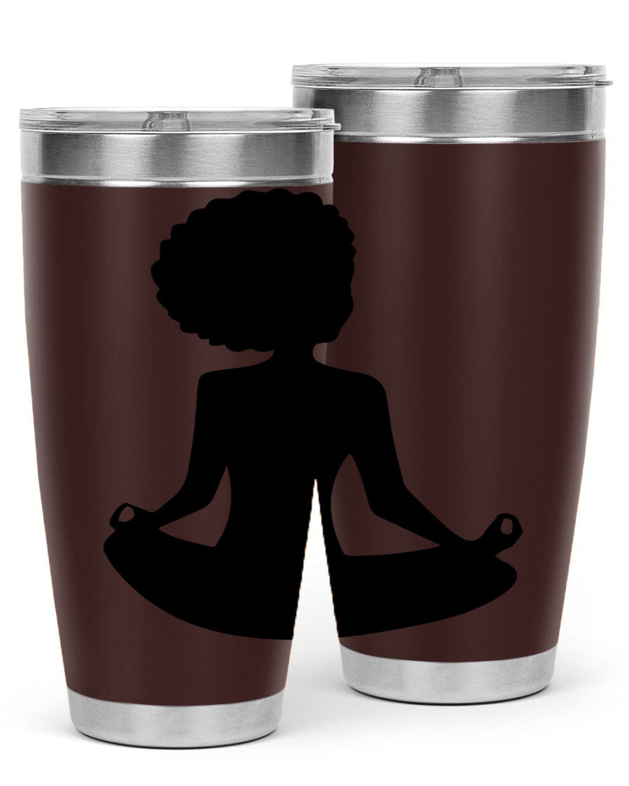 A stylish tumbler featuring a black woman sitting design, made of stainless steel with a drink-thru lid.