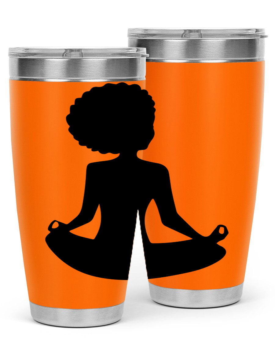 A stylish tumbler featuring a black woman sitting design, made of stainless steel with a drink-thru lid.