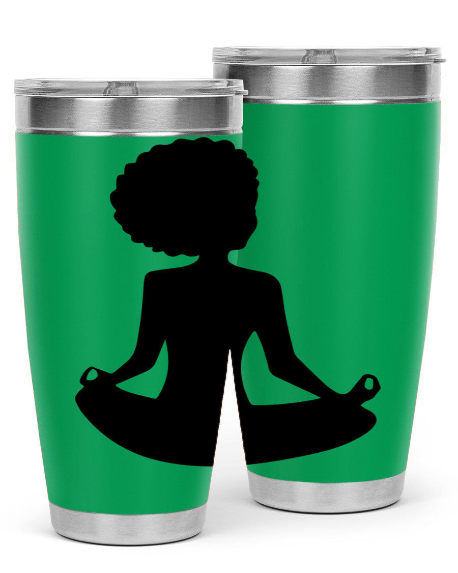 A stylish tumbler featuring a black woman sitting design, made of stainless steel with a drink-thru lid.