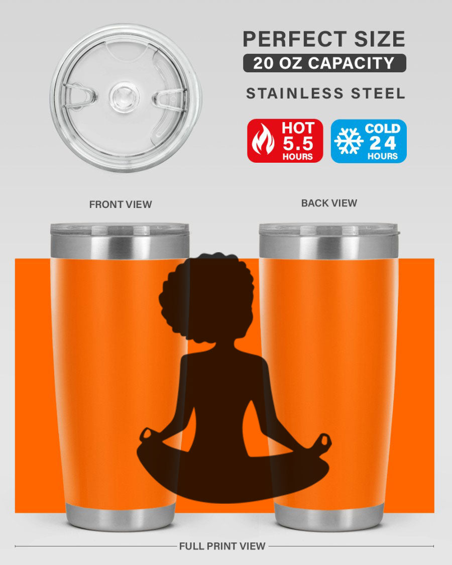 A stylish tumbler featuring a black woman sitting design, made of stainless steel with a drink-thru lid.