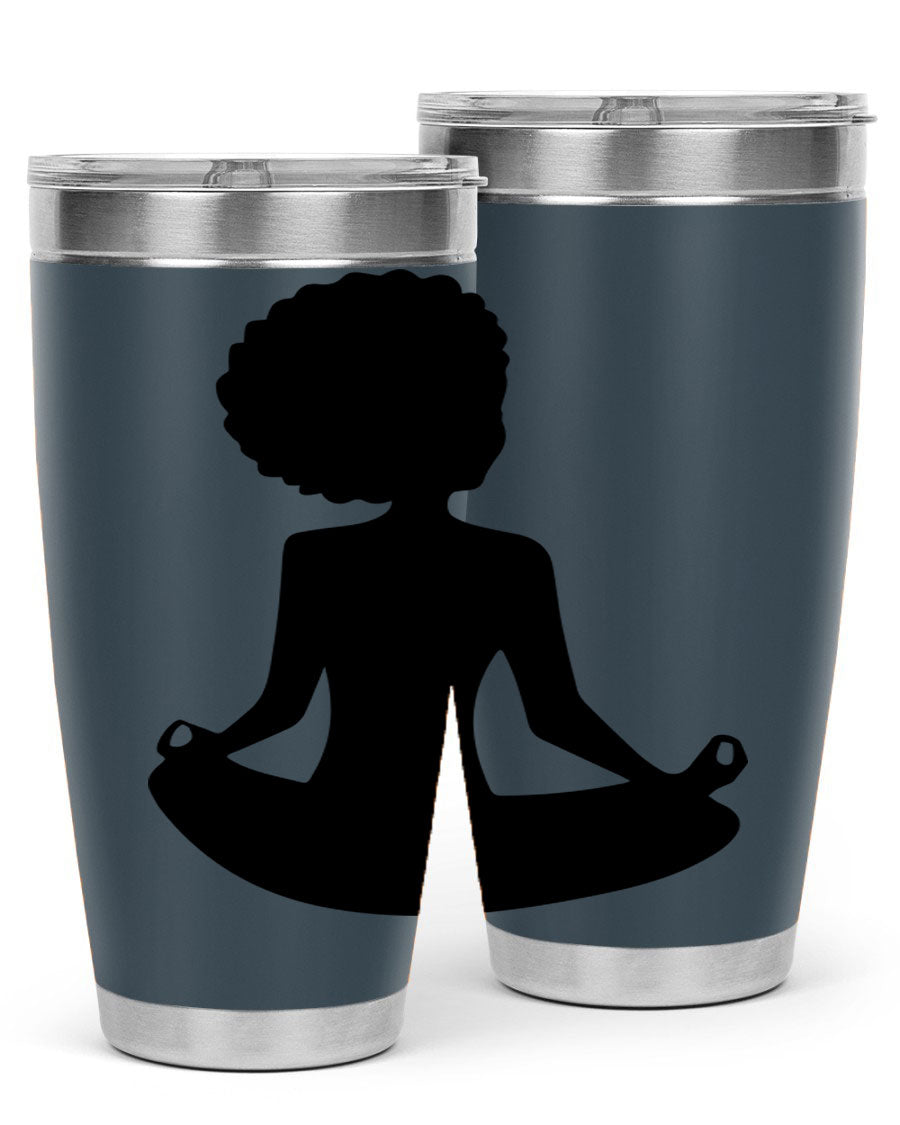 A stylish tumbler featuring a black woman sitting design, made of stainless steel with a drink-thru lid.