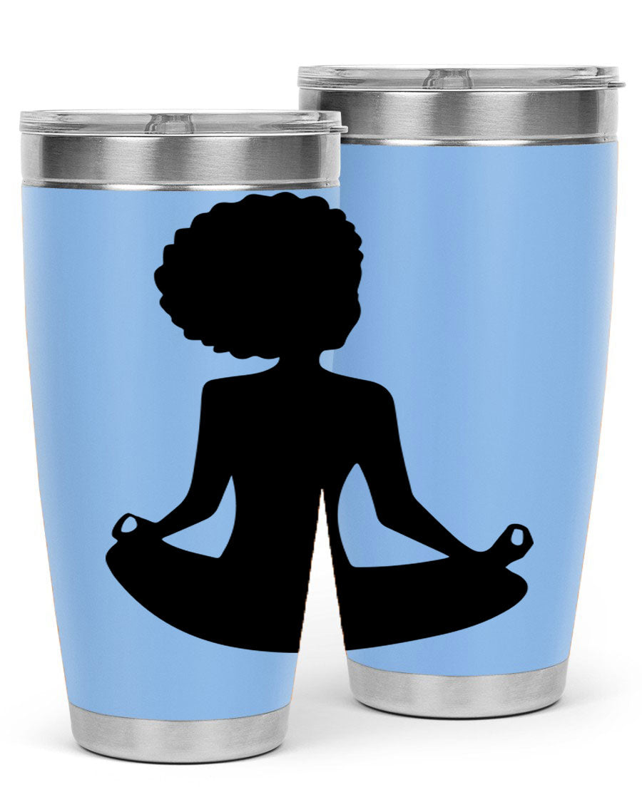 A stylish tumbler featuring a black woman sitting design, made of stainless steel with a drink-thru lid.