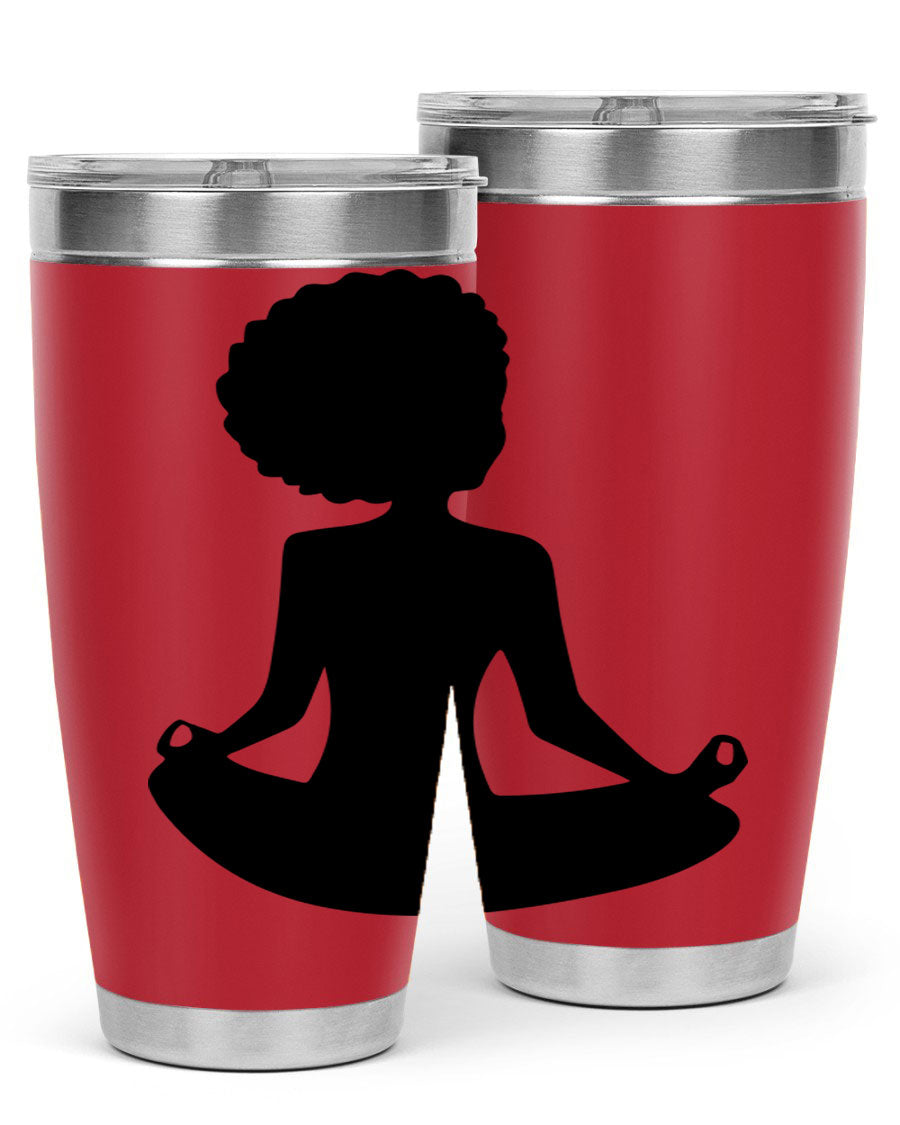 A stylish tumbler featuring a black woman sitting design, made of stainless steel with a drink-thru lid.