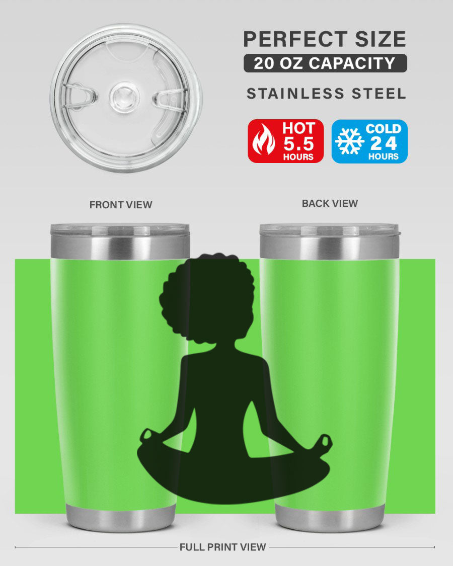 A stylish tumbler featuring a black woman sitting design, made of stainless steel with a drink-thru lid.