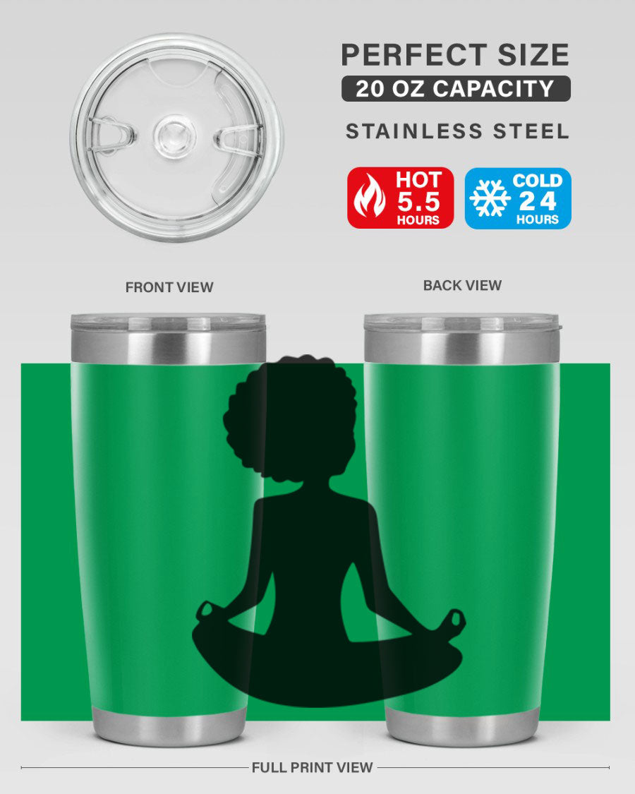 A stylish tumbler featuring a black woman sitting design, made of stainless steel with a drink-thru lid.