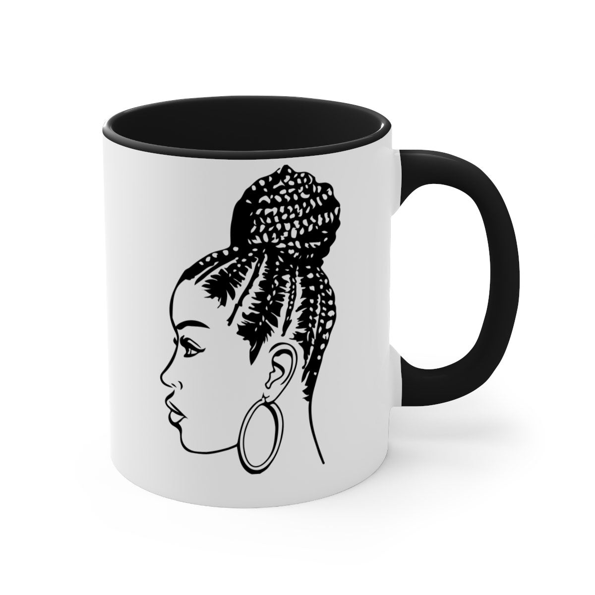 A stylish ceramic coffee mug featuring a black woman with braids, available in multiple colors with a glossy finish.