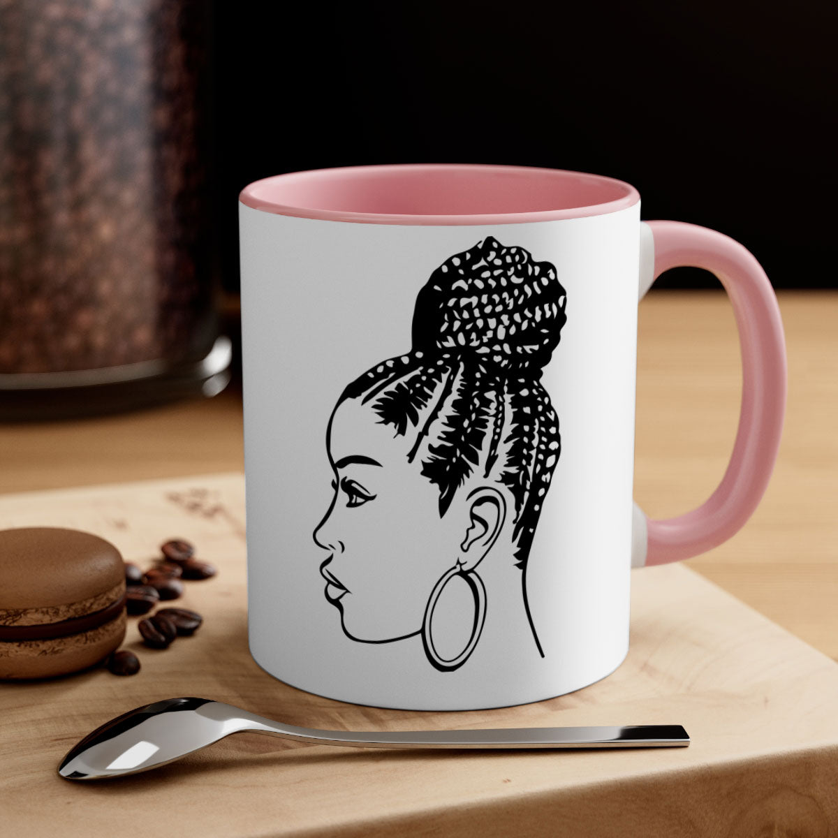 A stylish ceramic coffee mug featuring a black woman with braids, available in multiple colors with a glossy finish.