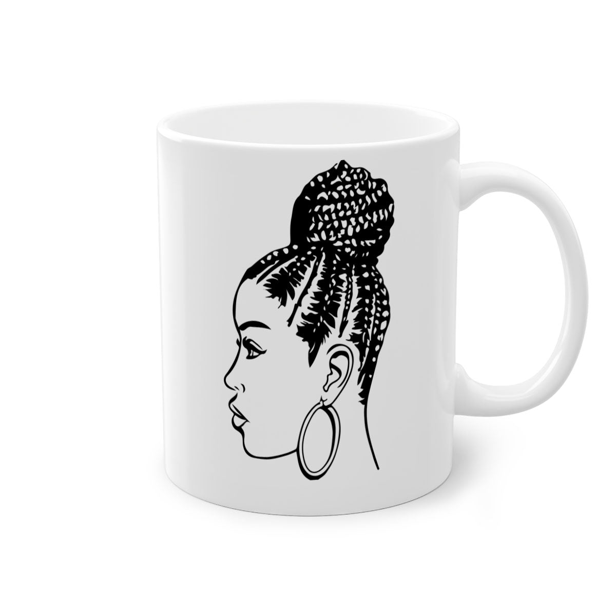 A stylish ceramic coffee mug featuring a black woman with braids, available in multiple colors with a glossy finish.