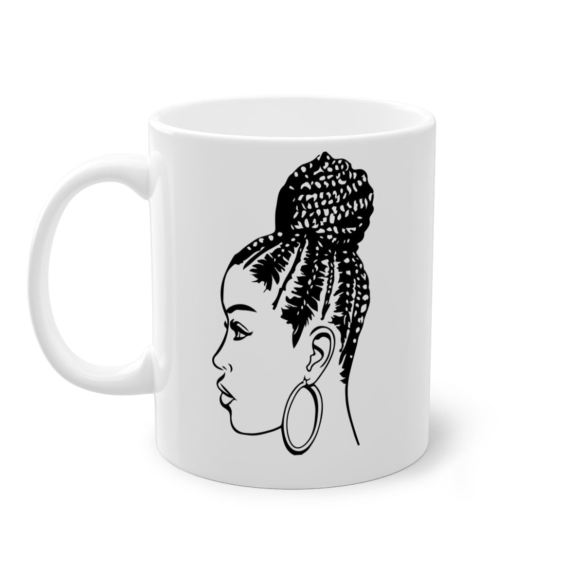 A stylish ceramic coffee mug featuring a black woman with braids, available in multiple colors with a glossy finish.