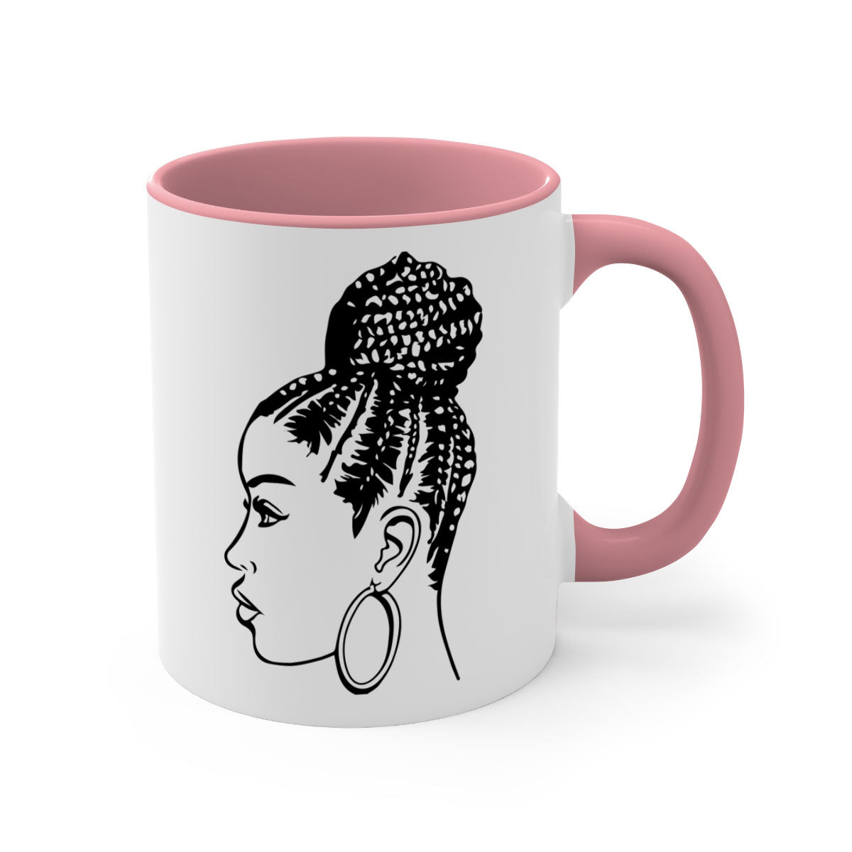 A stylish ceramic coffee mug featuring a black woman with braids, available in multiple colors with a glossy finish.