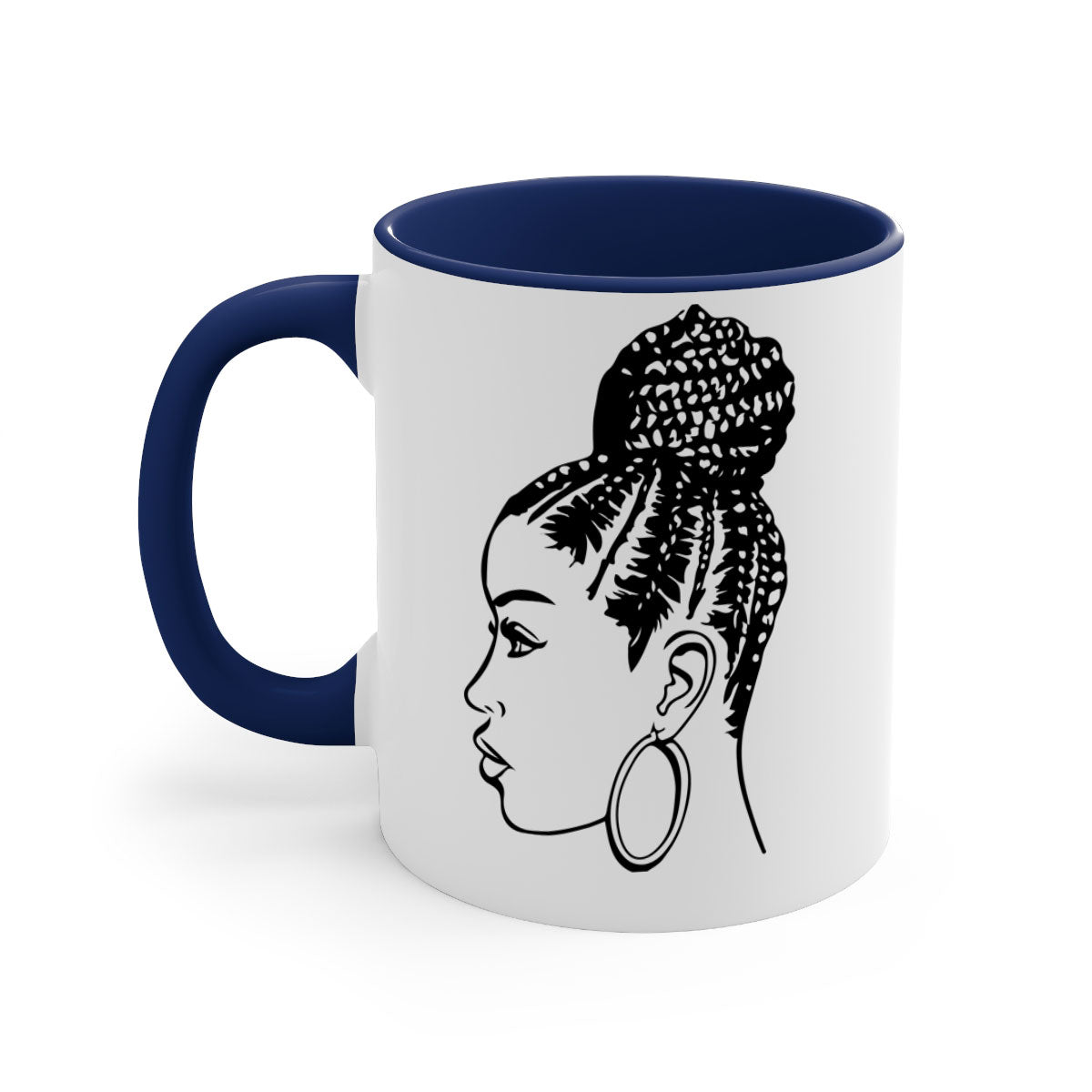 A stylish ceramic coffee mug featuring a black woman with braids, available in multiple colors with a glossy finish.