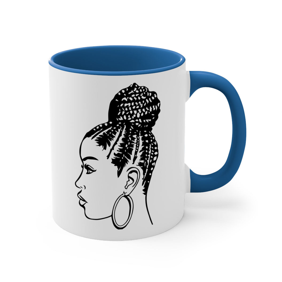 A stylish ceramic coffee mug featuring a black woman with braids, available in multiple colors with a glossy finish.