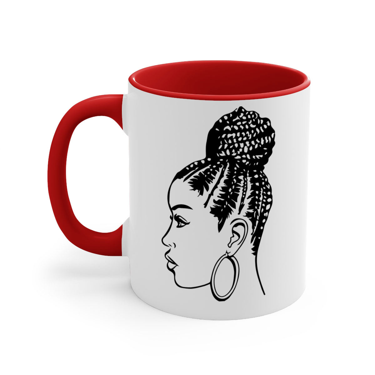 A stylish ceramic coffee mug featuring a black woman with braids, available in multiple colors with a glossy finish.