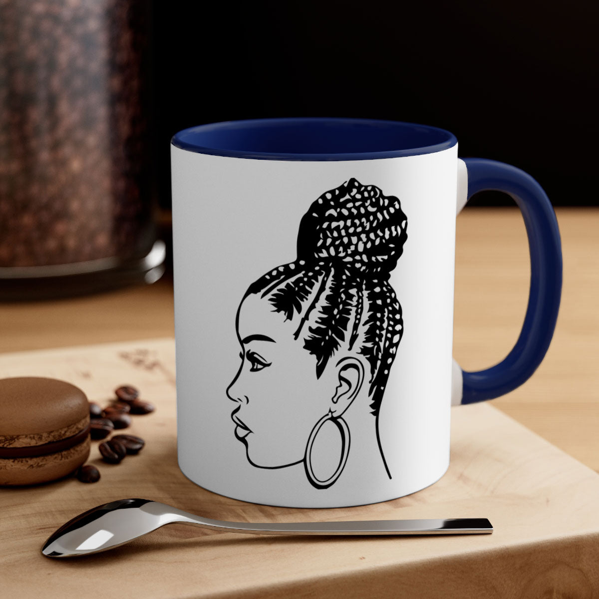 A stylish ceramic coffee mug featuring a black woman with braids, available in multiple colors with a glossy finish.