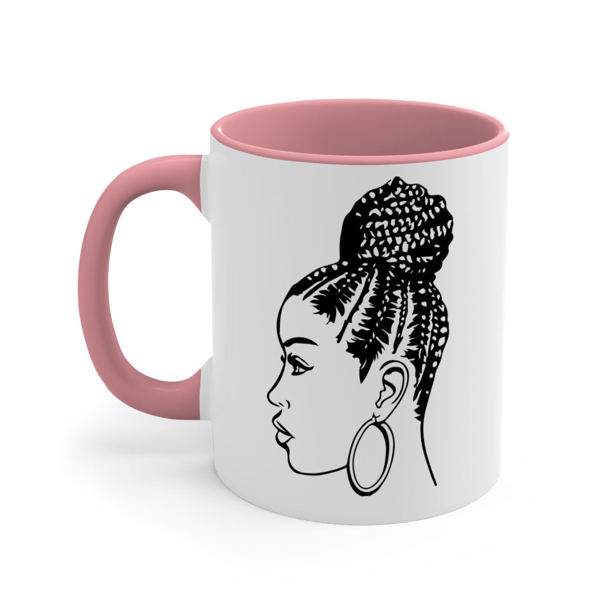 A stylish ceramic coffee mug featuring a black woman with braids, available in multiple colors with a glossy finish.