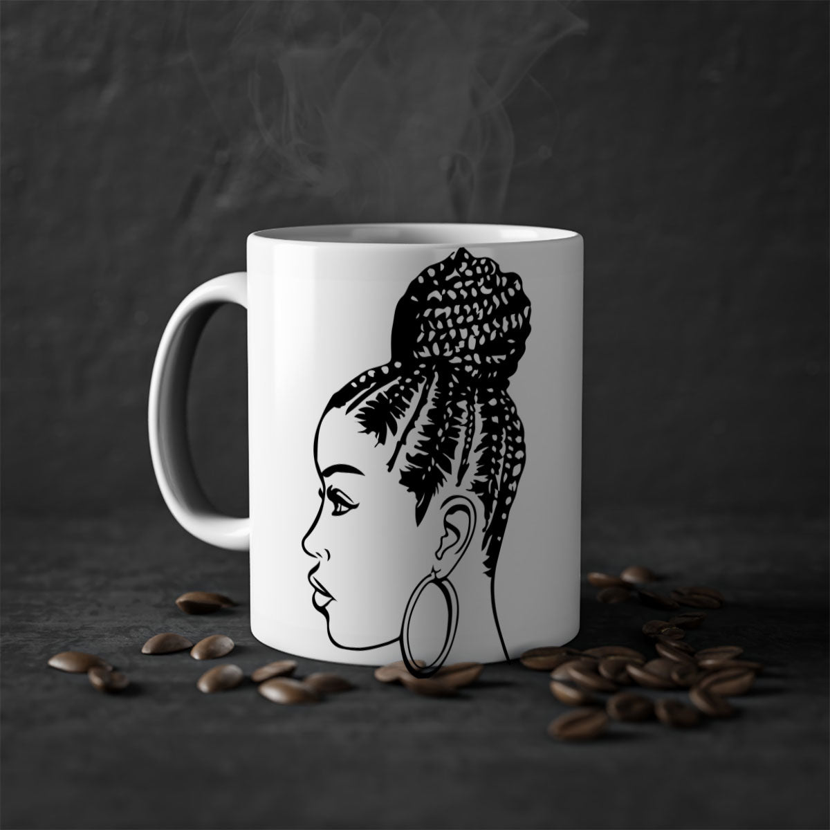 A stylish ceramic coffee mug featuring a black woman with braids, available in multiple colors with a glossy finish.