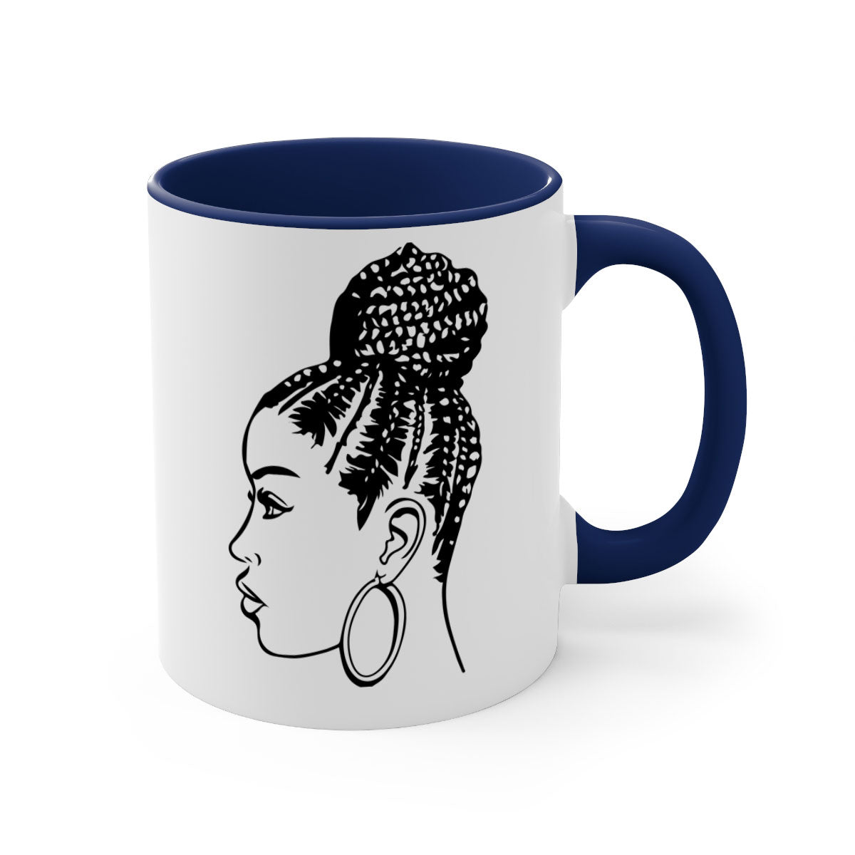 A stylish ceramic coffee mug featuring a black woman with braids, available in multiple colors with a glossy finish.