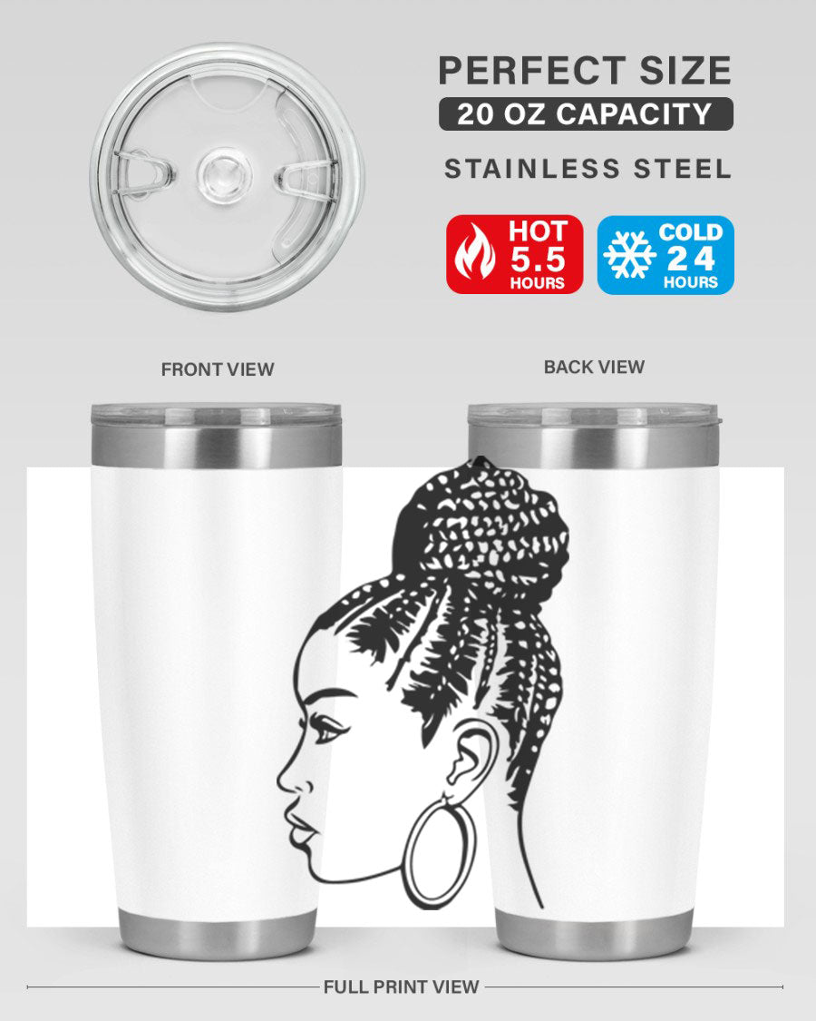 A stylish tumbler featuring a black woman with braids design, made from stainless steel with a copper lining.