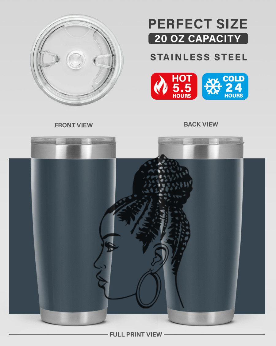 A stylish tumbler featuring a black woman with braids design, made from stainless steel with a copper lining.