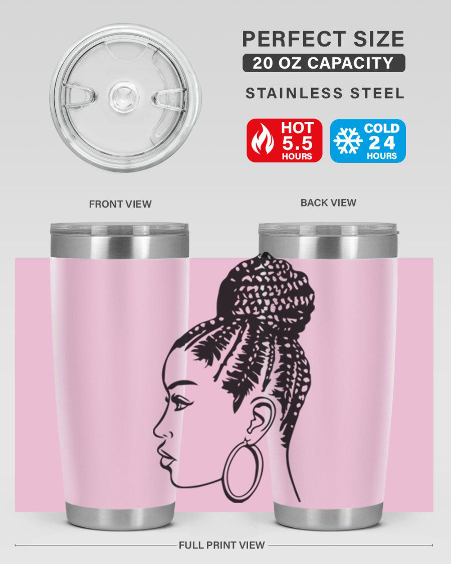 A stylish tumbler featuring a black woman with braids design, made from stainless steel with a copper lining.