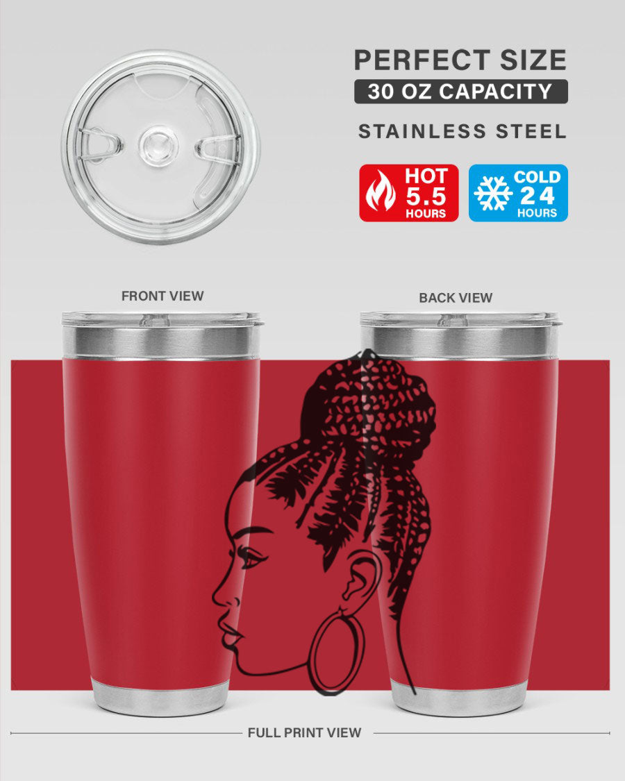 A stylish tumbler featuring a black woman with braids design, made from stainless steel with a copper lining.