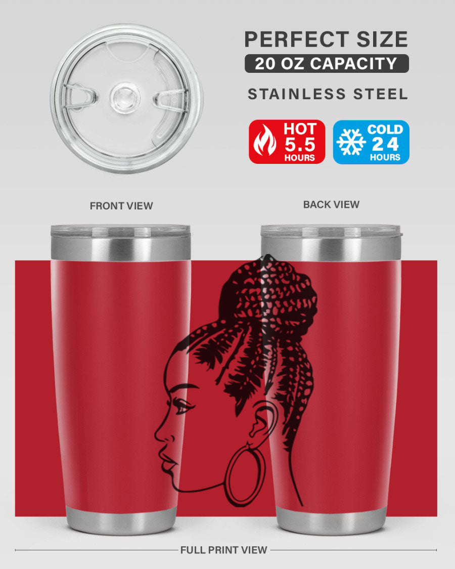 A stylish tumbler featuring a black woman with braids design, made from stainless steel with a copper lining.