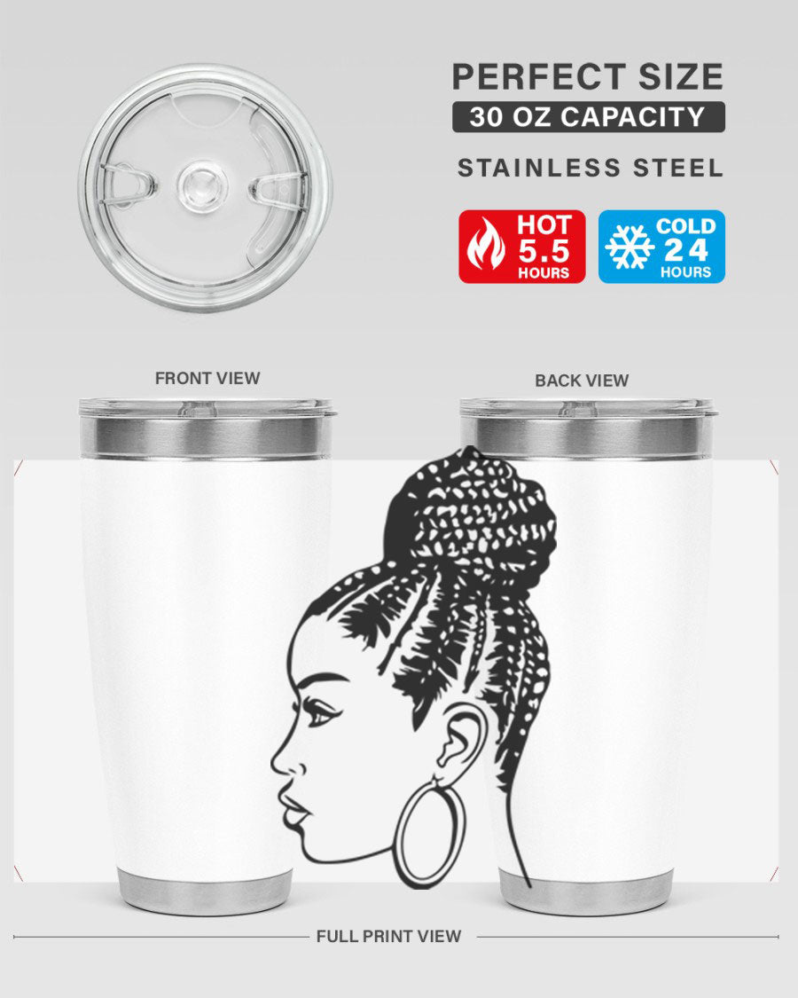 A stylish tumbler featuring a black woman with braids design, made from stainless steel with a copper lining.