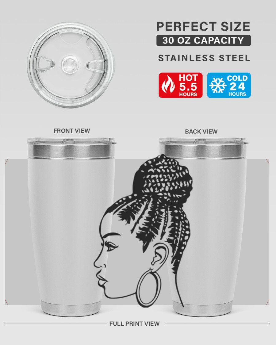 A stylish tumbler featuring a black woman with braids design, made from stainless steel with a copper lining.