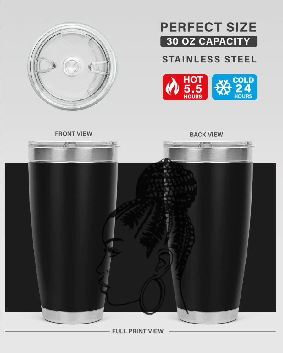 A stylish tumbler featuring a black woman with braids design, made from stainless steel with a copper lining.