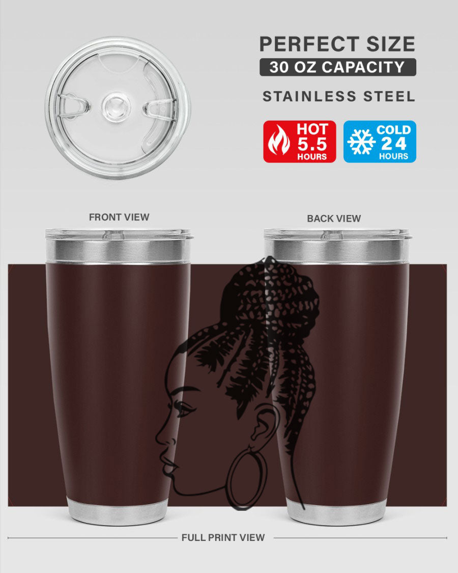 A stylish tumbler featuring a black woman with braids design, made from stainless steel with a copper lining.