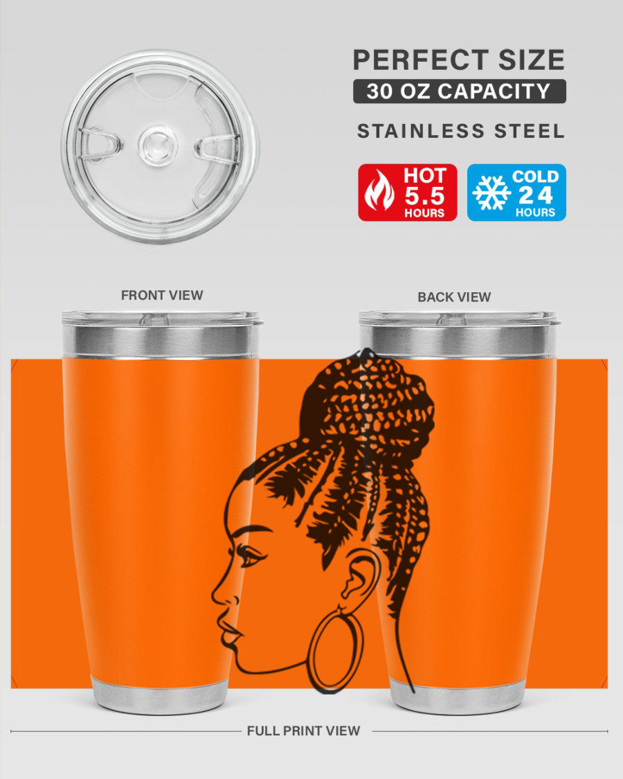 A stylish tumbler featuring a black woman with braids design, made from stainless steel with a copper lining.