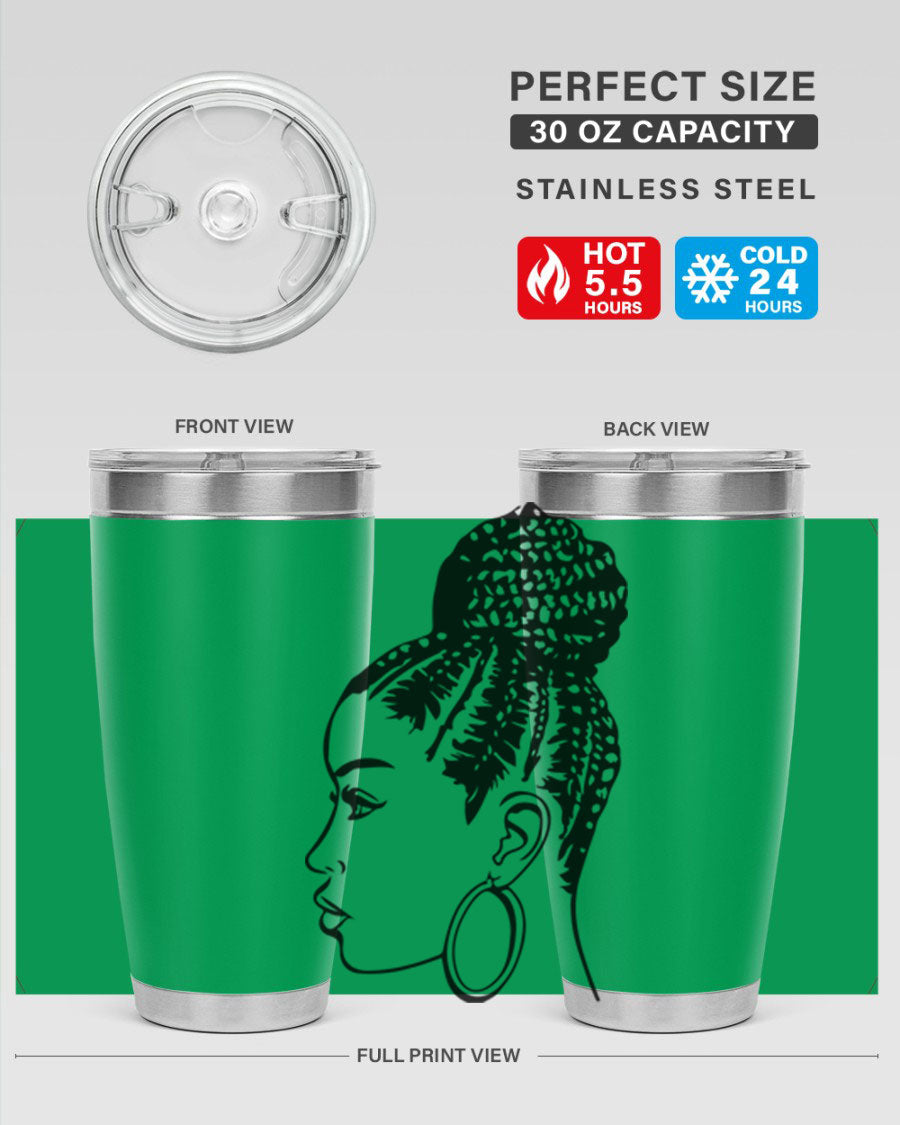 A stylish tumbler featuring a black woman with braids design, made from stainless steel with a copper lining.