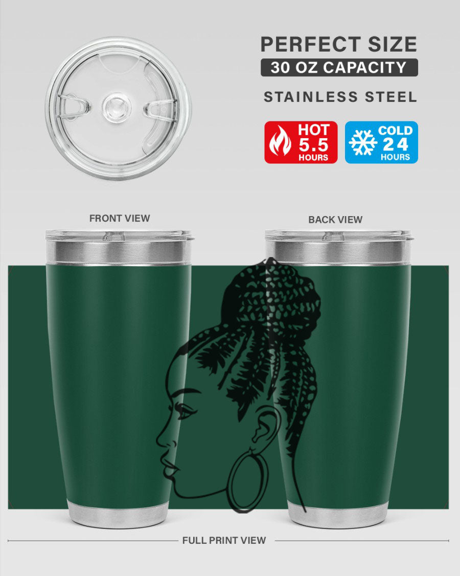 A stylish tumbler featuring a black woman with braids design, made from stainless steel with a copper lining.