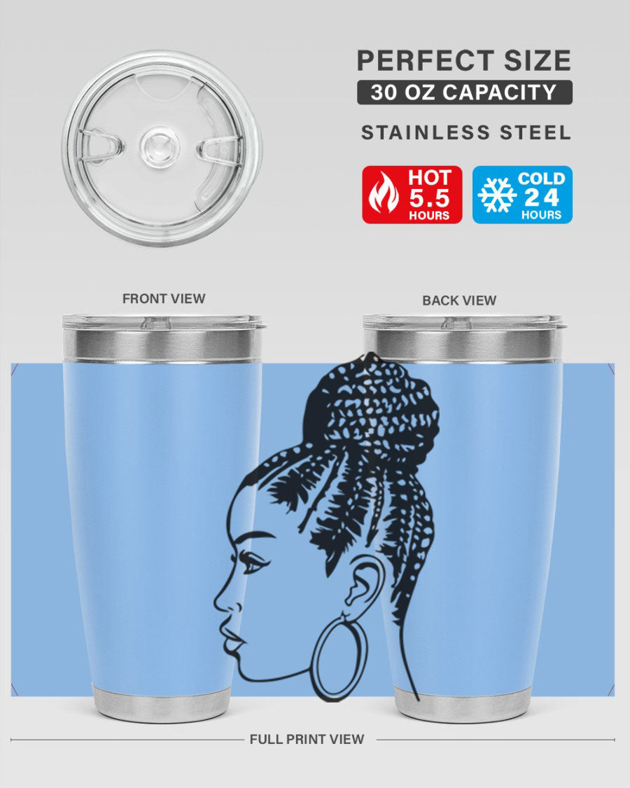 A stylish tumbler featuring a black woman with braids design, made from stainless steel with a copper lining.