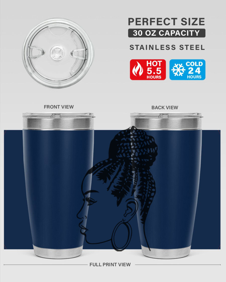 A stylish tumbler featuring a black woman with braids design, made from stainless steel with a copper lining.