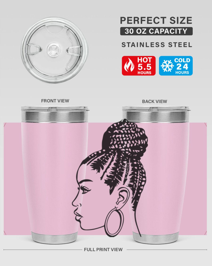 A stylish tumbler featuring a black woman with braids design, made from stainless steel with a copper lining.