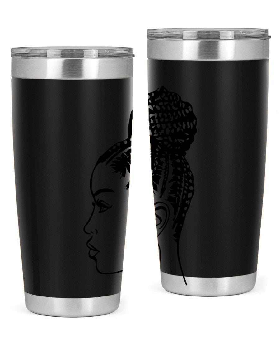 A stylish tumbler featuring a black woman with braids design, made from stainless steel with a copper lining.