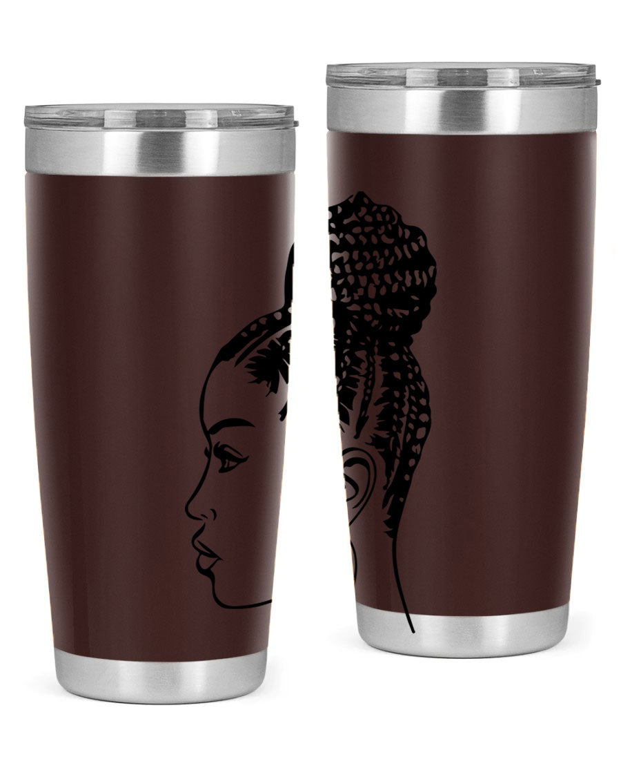 A stylish tumbler featuring a black woman with braids design, made from stainless steel with a copper lining.