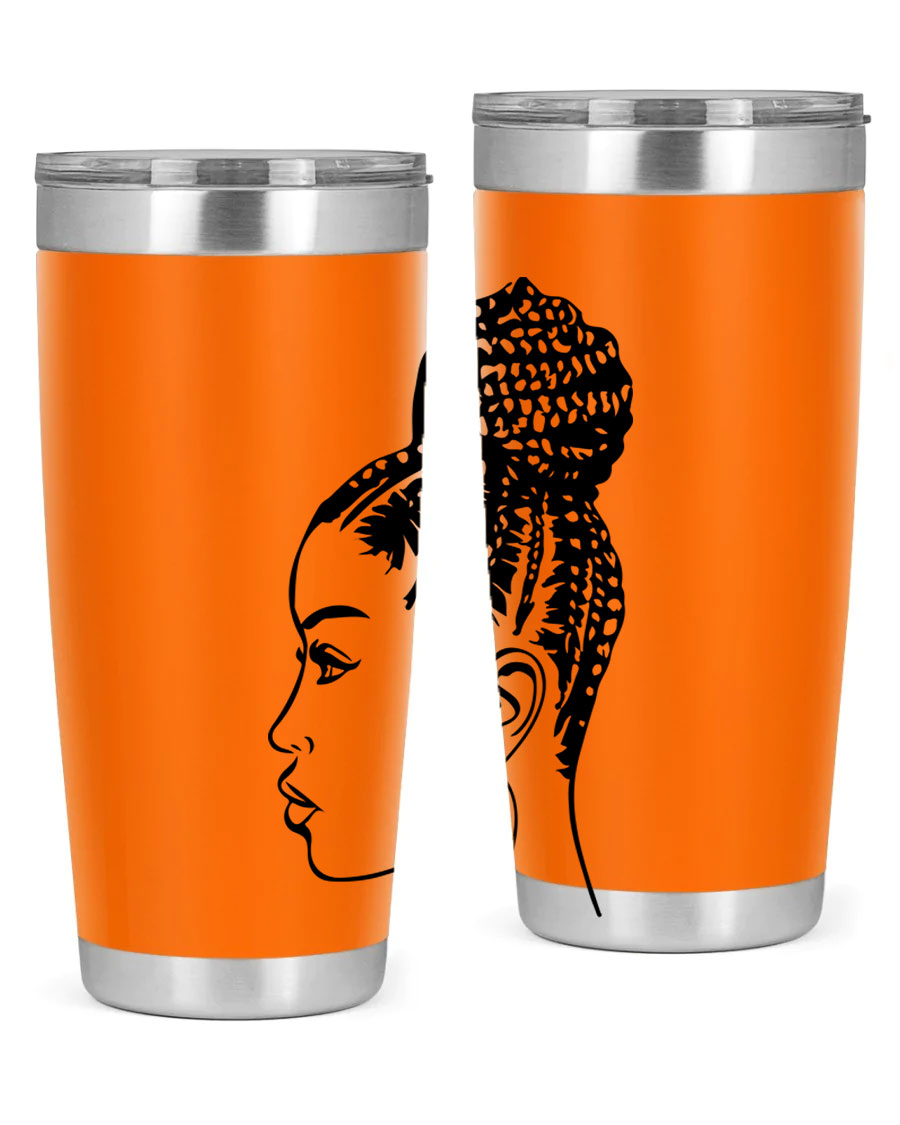 A stylish tumbler featuring a black woman with braids design, made from stainless steel with a copper lining.