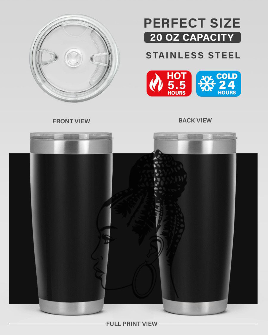 A stylish tumbler featuring a black woman with braids design, made from stainless steel with a copper lining.