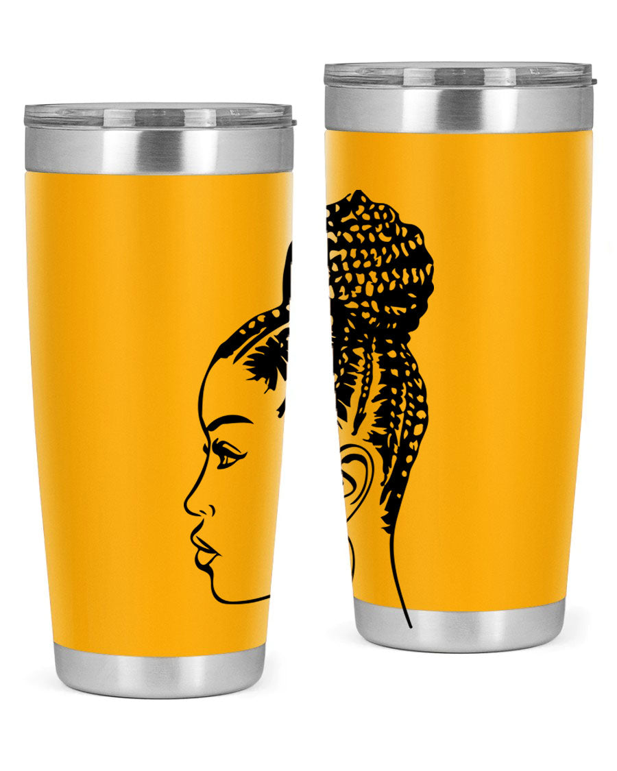 A stylish tumbler featuring a black woman with braids design, made from stainless steel with a copper lining.