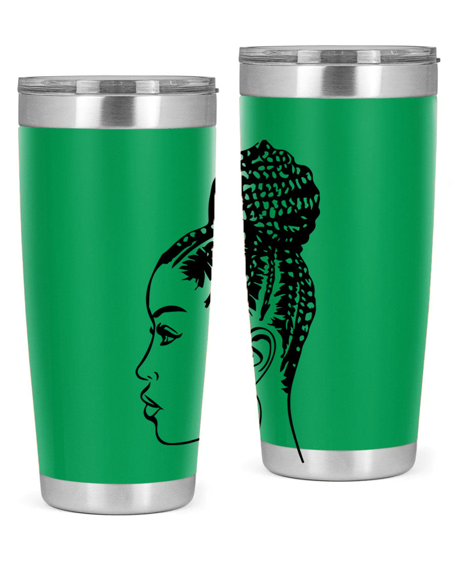 A stylish tumbler featuring a black woman with braids design, made from stainless steel with a copper lining.