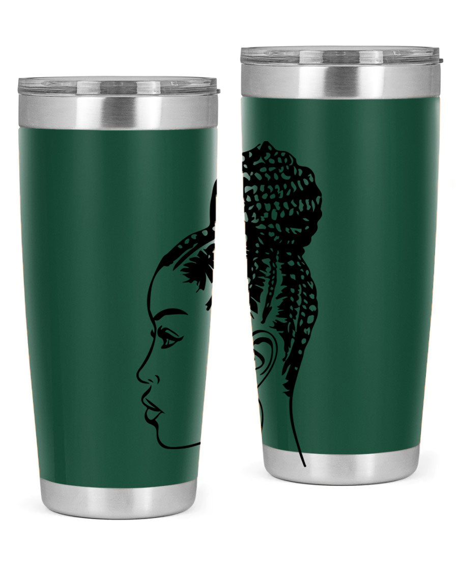 A stylish tumbler featuring a black woman with braids design, made from stainless steel with a copper lining.