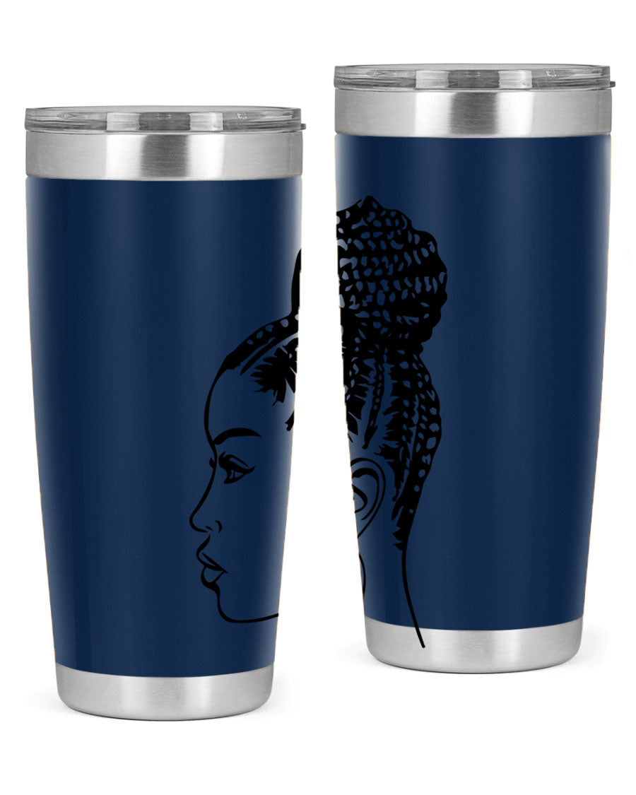 A stylish tumbler featuring a black woman with braids design, made from stainless steel with a copper lining.