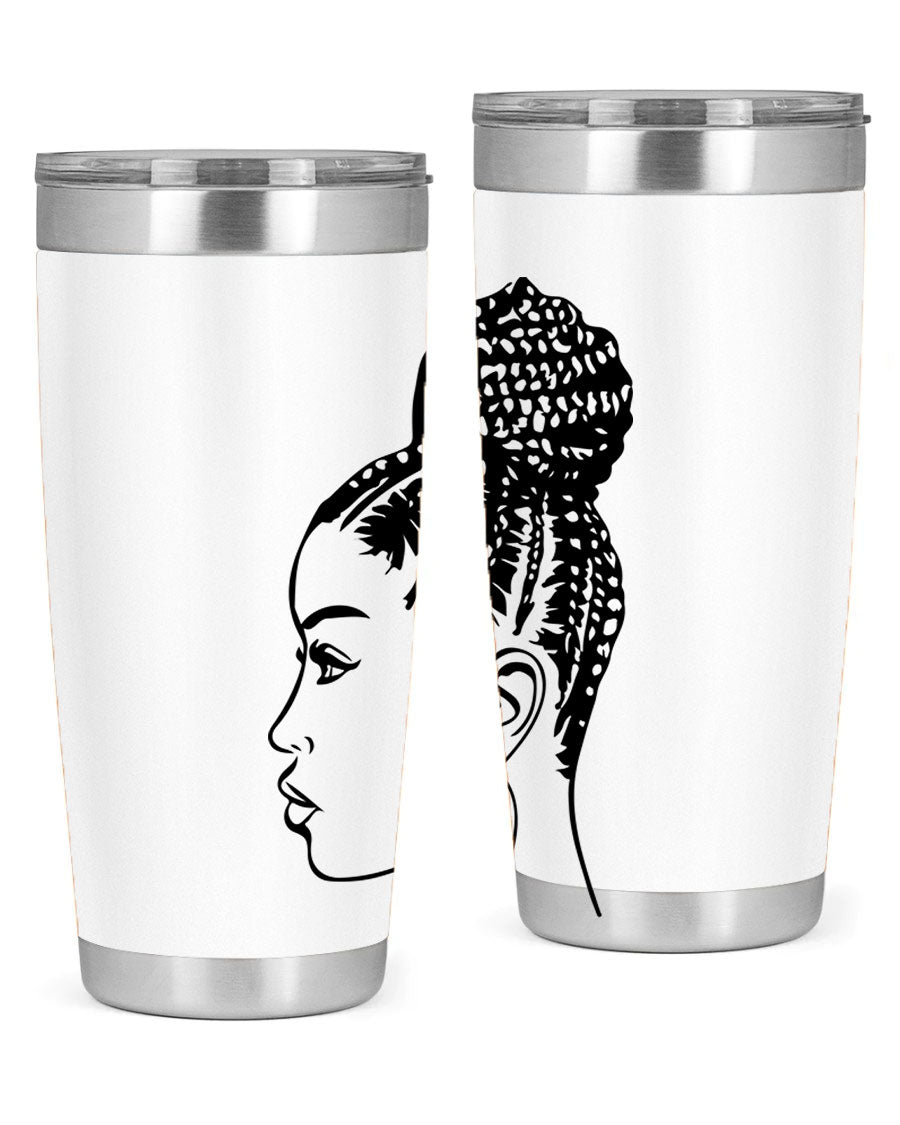 A stylish tumbler featuring a black woman with braids design, made from stainless steel with a copper lining.