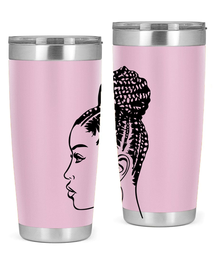 A stylish tumbler featuring a black woman with braids design, made from stainless steel with a copper lining.