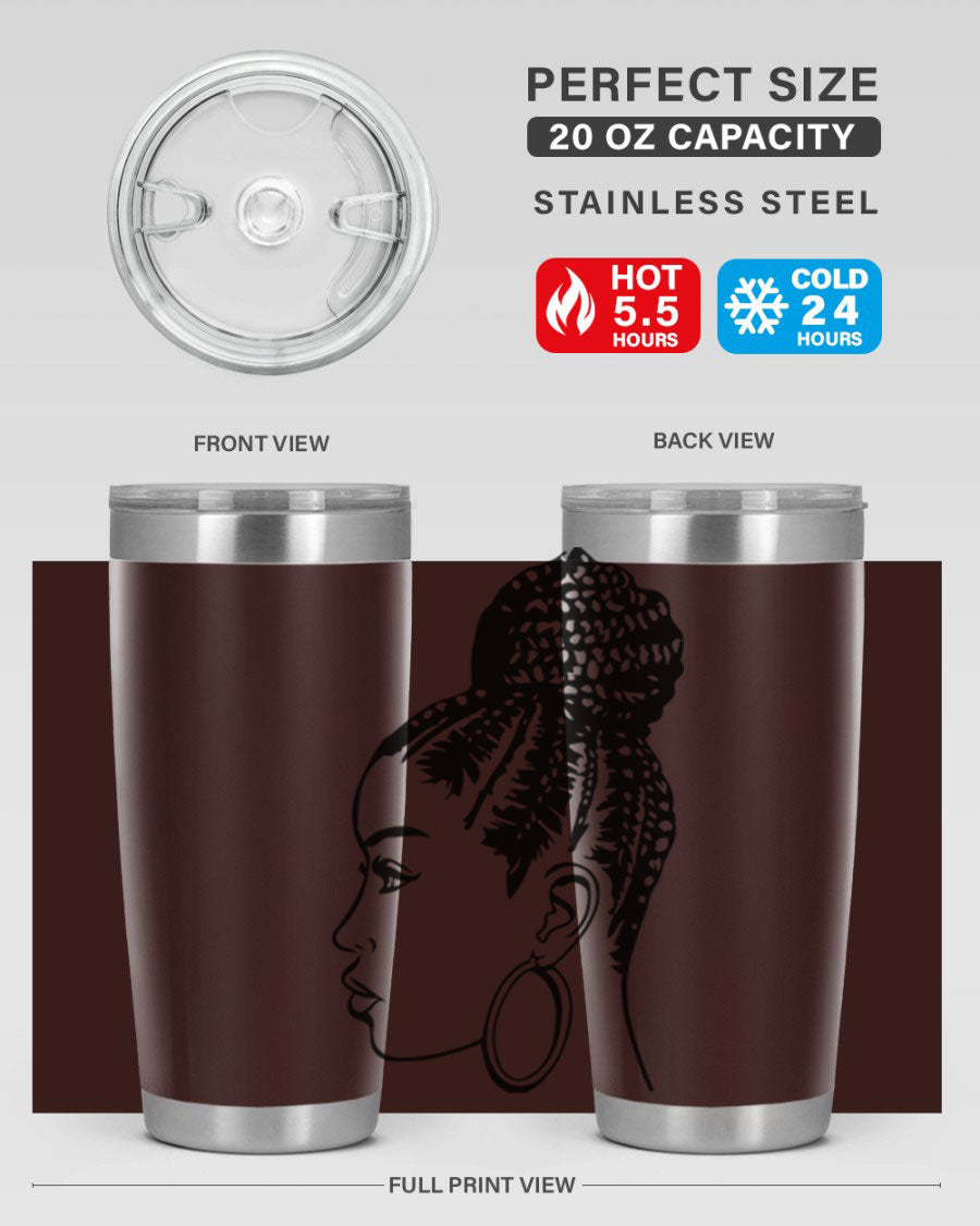 A stylish tumbler featuring a black woman with braids design, made from stainless steel with a copper lining.