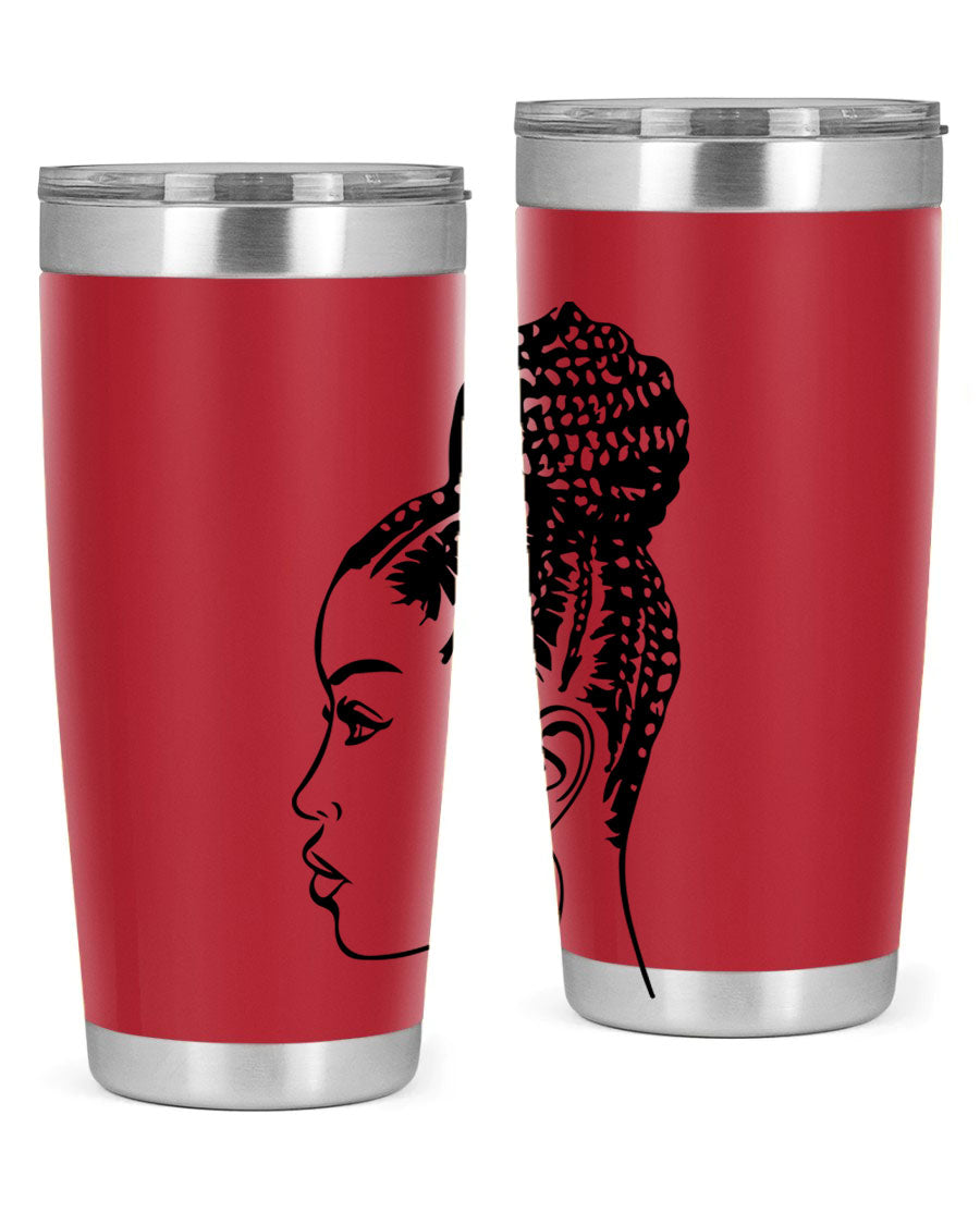 A stylish tumbler featuring a black woman with braids design, made from stainless steel with a copper lining.